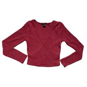 NWT FOREVER 21 Faux Wrap Knit Top S Ribbed Crop Long Sleeve Pullover Solid Red